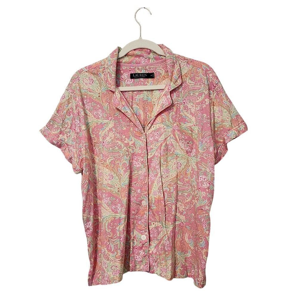 Ralph Lauren sz 2X women pajama top  floral paisley embroidered logo on pocket